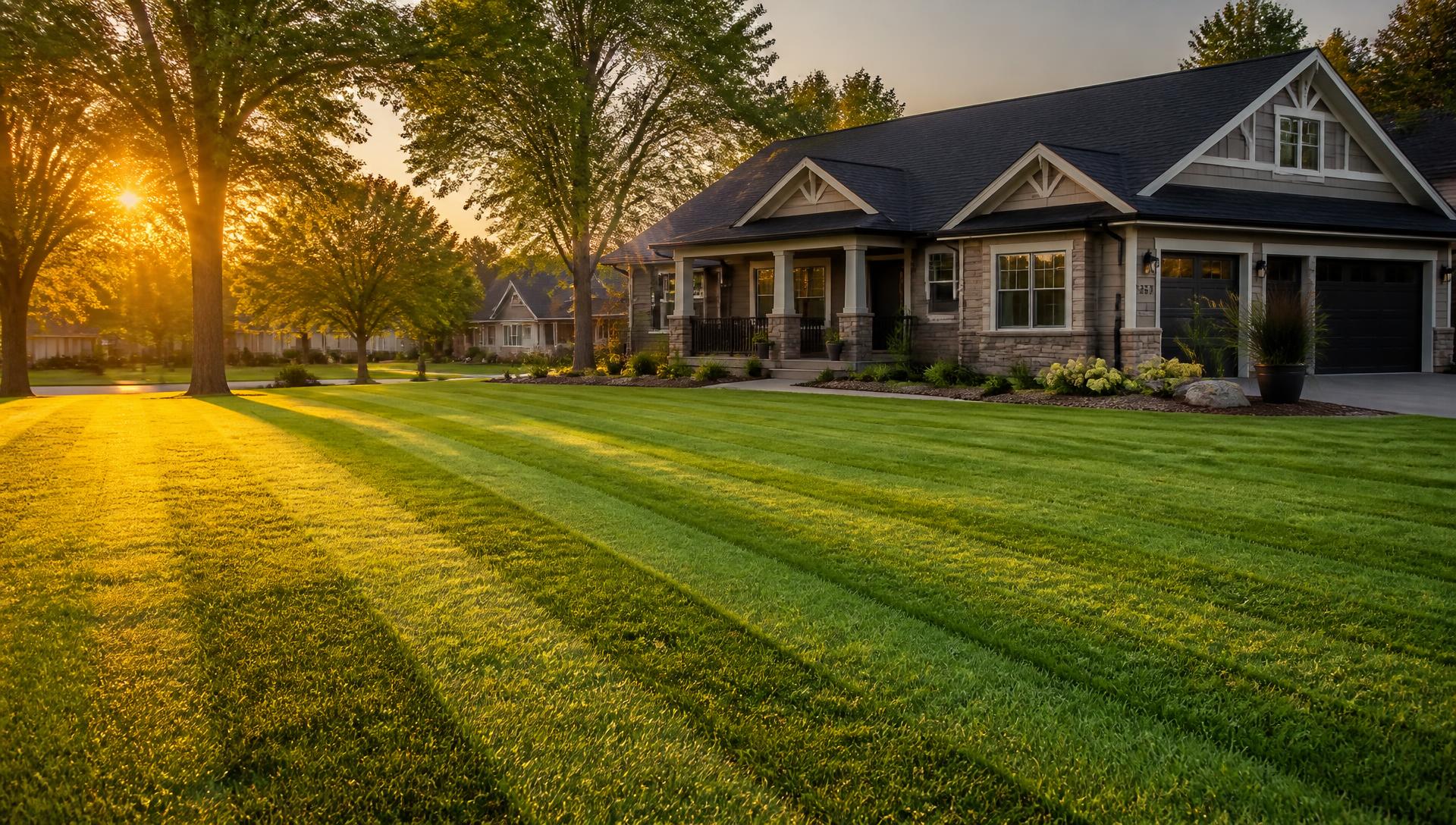 Freshly mowed striped lawn in front of a Sioux Falls home at sunrise