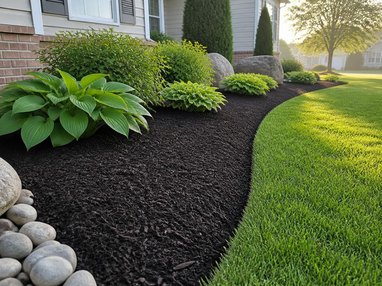 Mulch and edging landscaping in Sioux Falls, SD beside a freshly mowed lawn
