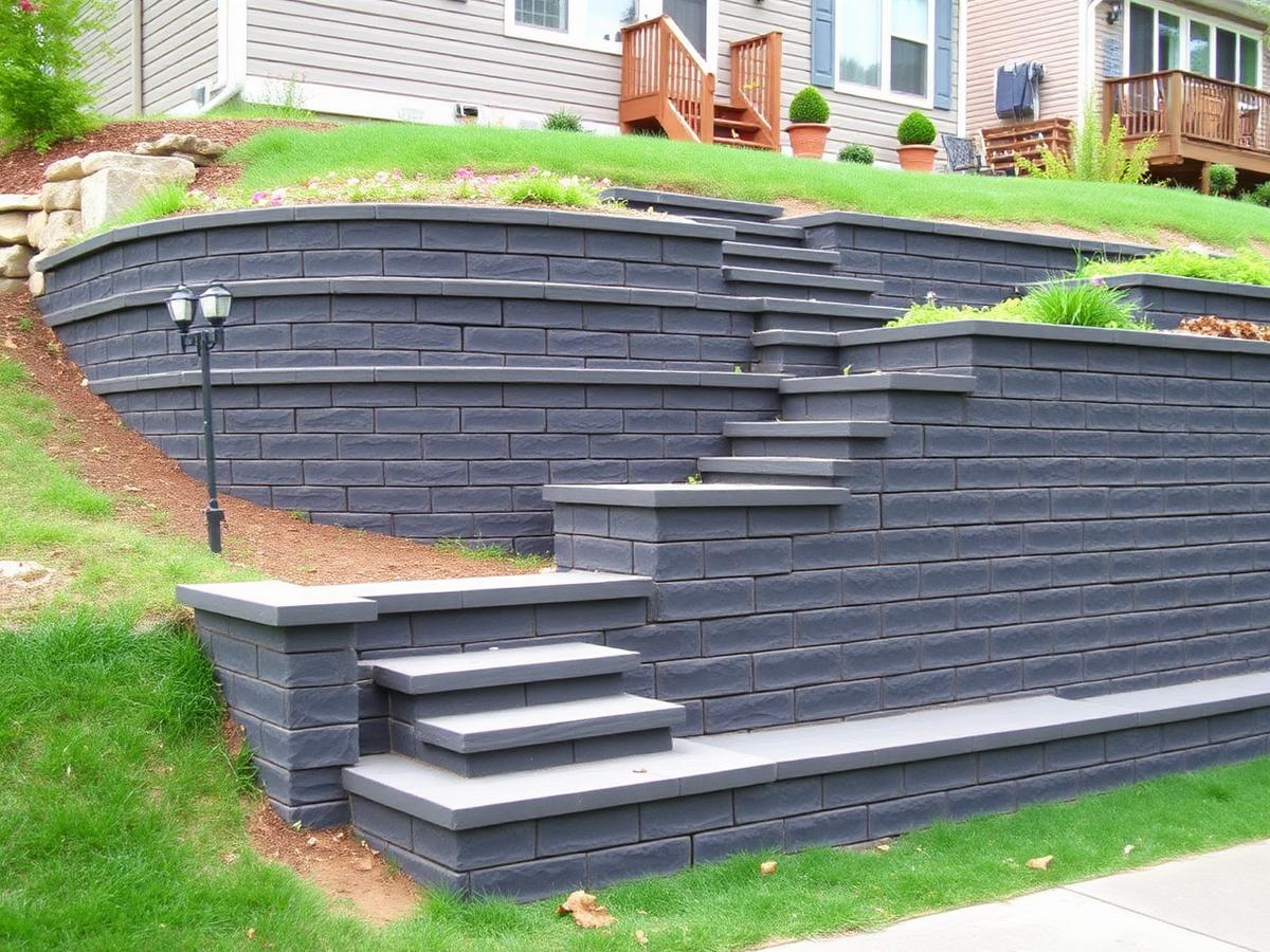 Tiered charcoal block retaining wall built on a residential slope in Brandon, SD