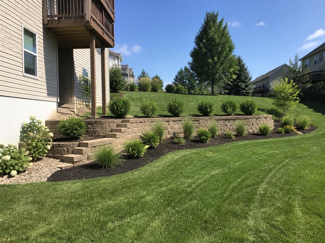 Same backyard slope after a tiered retaining wall and new sod